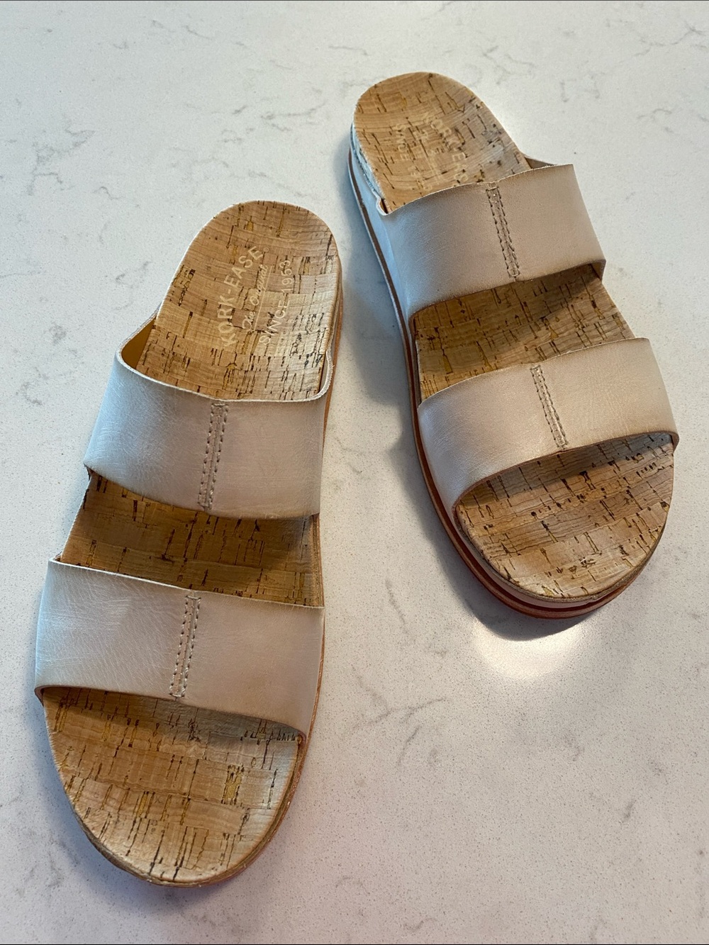NEW Kork-Ease Leather Double-Strap Slide Sandals in Beige